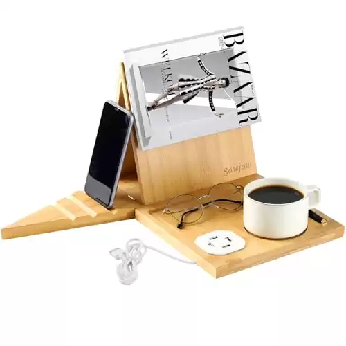 sawjow Book Nook Reading Valet Wooden Book Stand with Cup Holder & USB Charge Ports, Foldable Book Rest Triangle Book Holder for Page Rest, Book Lovers Gifts