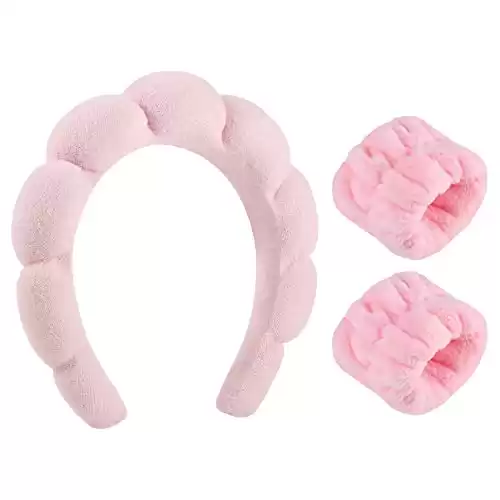 Sponge Spa Headband for Women, Makeup Headband and Wrist Washband Set Pink Skincare Facial Headband for Face Washing, Skincare, Stocking Stuffers for Women Teen Girl Gifts Trendy Stuff