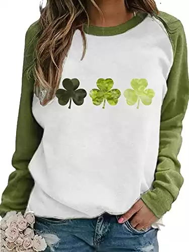 Womens St Patricks Day Shirt, Three Clover Shamrock Long Sleeve Lightweight Sweatshirt for Women (A-Light-Leaves, L)