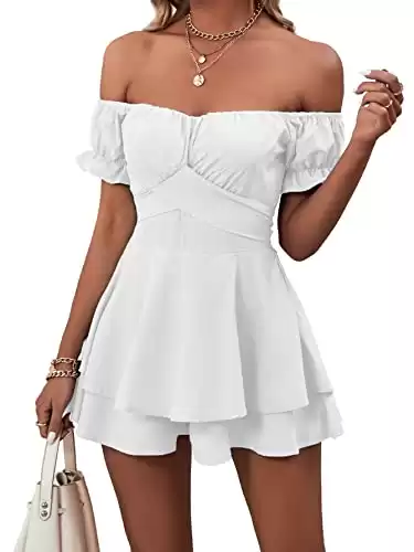 LYANER Women's Off the Shoulder Wrap Tie Up Back Ruffle Short Sleeve Romper Short Jumpsuit White Medium