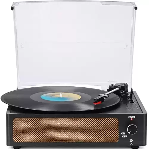 WOCKODER Vinyl Record Players Vintage Turntable for Vinyl Records with Speakers Belt-Driven Turntables Support 3-Speed, Bluetooth Wireless Playback, Headphone, AUX-in, RCA Line LP Vinyl Players Black