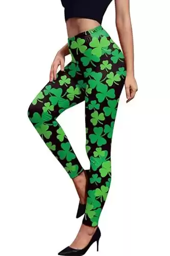 St Patricks Day Women s Printed Clover Leggings Stretchy Green Irish Tight Pants Black L