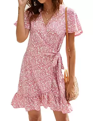 Naggoo Women's Summer Wrap V Neck Polka Dot Print Ruffle Short Sleeve Mini Floral Dress with Belt (M, Pink)