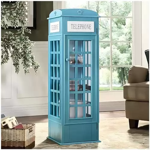 HZLCMPY Telephone Booth 5-Tier Wooden Bookcase Freestanding CD Storage Cabinet Living Room Display Bookshelf with Front Door, 44.5" H x 14.4" W x 14.4" D (Blue)