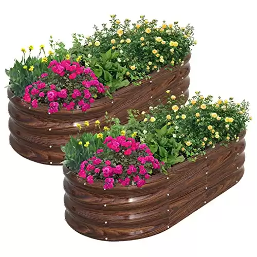 SnugNiture Galvanized Raised Garden Bed Outdoor, 2 Pcs 4x2x1ft Oval Metal Planter Box for Planting Plants Vegetables, Brown