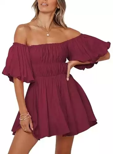 Dokotoo Off Shoulder Summer Dresses for Women 2024 Lantern Sleeve Elastic Waist Wine Red Dress Casual Ruffle A-Line Mini Dresses for Wedding Guest Small