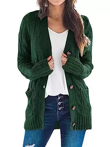 PRETTYGARDEN Women's Open Front Cardigan Sweaters Fashion Button Down Cable Knit Chunky Outwear Coats (Dark Green,Large)