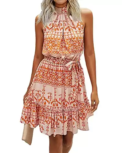 BTFBM Women 2023 Summer Halter Neck Dresses Sleeveless Casual Floral Polka Dot Print Short Boho Ruffle Sundress(Color Block Orange,Medium)