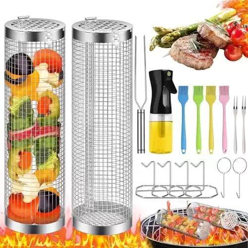 Rolling Grilling Basket, 2 PCS BBQ Grill Basket Stainless Steel Grill Mesh with Grilling Accessories, Portable Outdoor Camping BBQ Grill Nets Cylinder for Fish, Shrimp, Vegetables, Meat