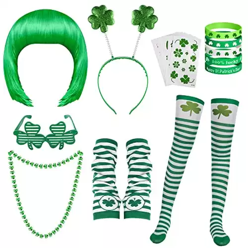 MIAHART Saint Patrick Day Costume Accessories Set Includes Green Bob Wig, Shamrock Tattoos, Shamrock Wristband and Shamrock Headband Necklace for St.Patrick's Day Decoration Party Supplies