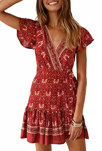 ZESICA Women's 2024 Summer Wrap V Neck Bohemian Floral Print Ruffle Swing A Line Beach Mini Dress,Red2,Small