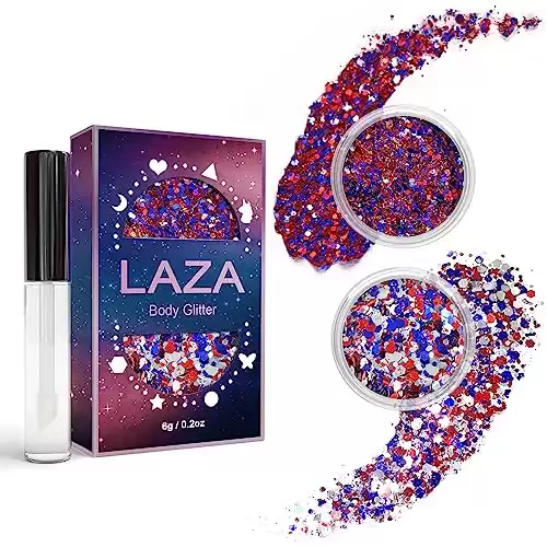 Laza Independence Day Body Glitter, 2 Jars Red Blue White Chunky Sequins with Glue Women Eyeshadow 4th of July Face Paint Festival Rave Outfit Hair Accessories Party Costumes Circus Carnival