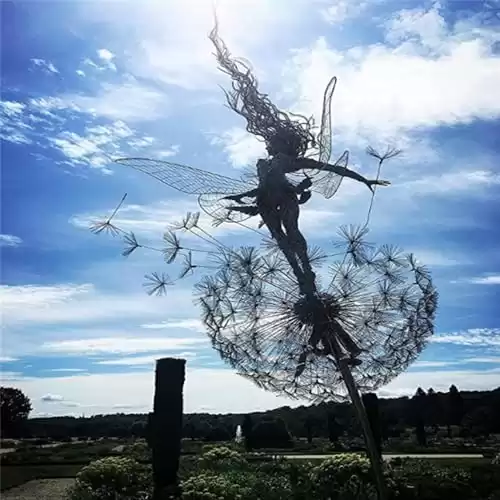 Fcteap Flower Fairy Dancing with Dandelion Garden Art Sculpture Stainless Steel Statue Christmas Halloween Decoration for Outdoor Yard Courtyard Lawn Patio Metal Ornaments (Open Hands)