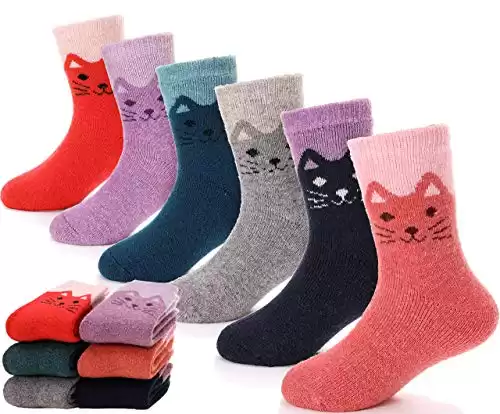 ANTSANG Kids Wool Hiking Socks Toddlers Boys Girls Winter Warm Thick Thermal Crew Boot Heavy Cozy Snow Cabin Gift Snowboarding Socks 6 Pairs for Child(Cat,4-7Y)