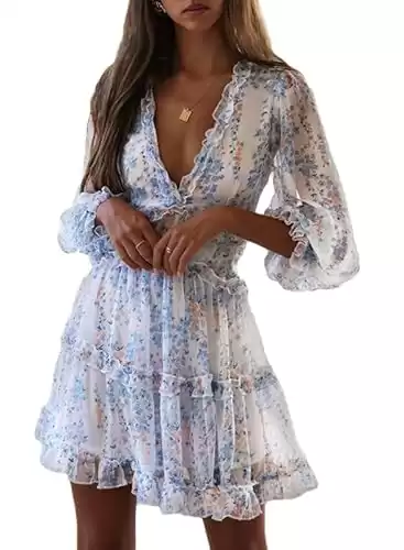 Dokotoo Womens Sun Casual V Neckline Long Sleeve Open Back Floral Print Mini Dress Bohemian Fashion Skater A Line Ruffle Hem Beach Dresses White Medium