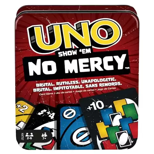 Mattel Games UNO Show em No Mercy Card Game in Storage & Travel Tin for Kids, Adults & Family Night with Extra Cards, Special Rules & Tougher Penalties (Amazon Exclusive)