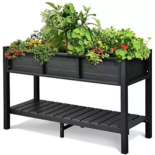 DWVO 48x18x30in Raised Garden Bed, Poly Wood Planter Box Stand,Weather Resistant Planter Box with Legs & Storage Shelf, Elevated Garden Bed for Backyard, Patio, Balcony,Black