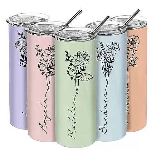 Birthday Gifts for Women, Personalized Tumblers with Birth Flower and Name, 10 Colors - 20 Oz, Skinny Tumblers for Women