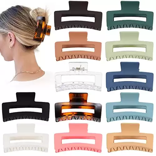 Sisiaipu 3.5 Inch Medium Hair Claw Clips 12 Pack Square Claw Clips for Thick and Thin Hair Rectangle Hair Clips for Women Matte Banana Jaw Clips Bulk Hair Accessories for Girls