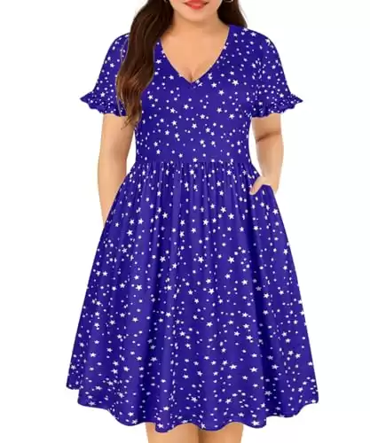 RITERA Plus Size Dress for Women's Blue Star Summer A Line Dress Elastic High Waist V Neck Short Sleeve Flowy Casual Dress 2XL 18W 20W