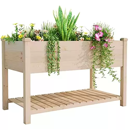 BIRASIL Outdoor Wood Raised Garden Bed, Elevated Reinforced Large Planter Box with Storage Shelf for Vegetable Flower Backyard Patio Gardening Balcony (48.5 L, Natural Wood)