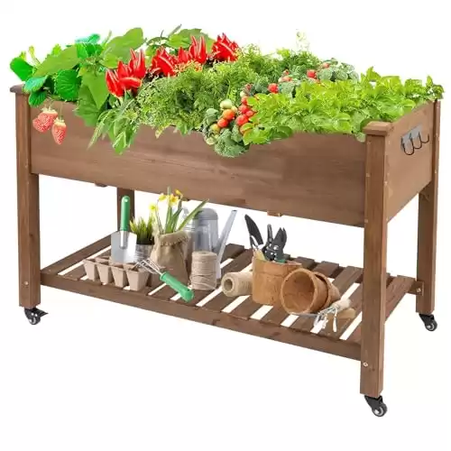 Gowoodhut Raised Garden Bed with Wheel 48x24x30in, Elevated Wood Planter Box Can Grow Vegetables, Flowers and Herbs Suitable for Backyard, Patio, Balcony, Terrace, Veranda Brown