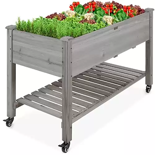 Best Choice Products Raised Garden Bed 48x24x32-inch Mobile Elevated Wood Planter w/Lockable Wheels, Storage Shelf, Protective Liner - Gray