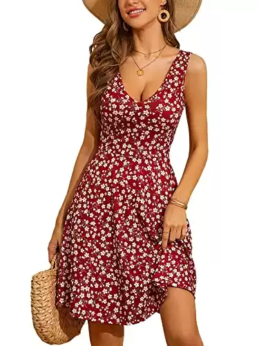 HUHOT Sun Dresses Women Casual Summer Homecoming Dress Sexy Knee Length Wedding Guest Flowy Midi Sundress Juniors Summer Dresses