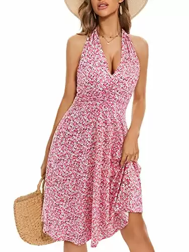 HUHOT Cute Summer Dresses Sundress with Pockets Plus Size Sun Dresses Curvy Women Teen Short Pink Floral midi Dress