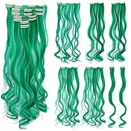 SWACC 7 Pcs Full Head Party Highlights Clip on in Hair Extensions Colored Hair Streak Synthetic Hairpieces (20-Inch Curly, Green)