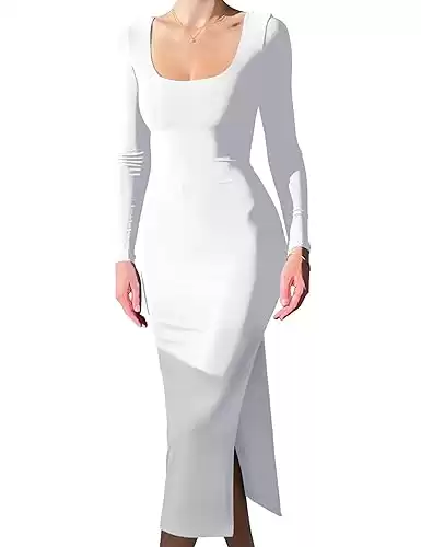 GOKATOSAU Women's Long Sleeve Classic Scoop Neck Side Split Bodycon Midi Dress