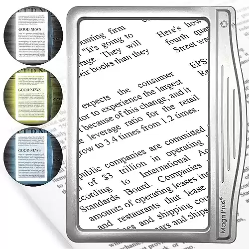 MAGNIPROS 5X Large LED Page Magnifier for Reading with 3 Color Lighting Modes & Anti-Glare Lens to Reduce Eye Strain-Perfect for Small Prints, Aging Eyes, Stocking Stuffer for Low Vision and Senio...