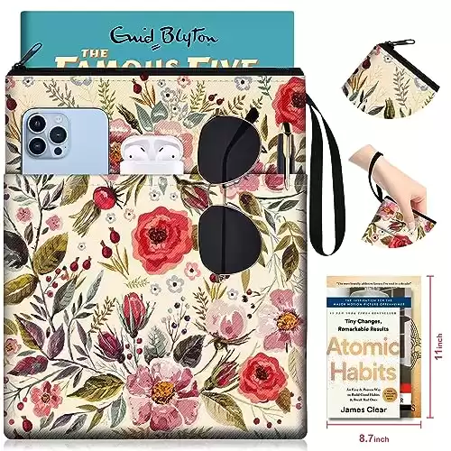 Slohif Book Sleeve Pouch Book Cover Protector with Zipper Cute Book Beau Booksleeve Small Large Retro Flowers Pouches for Paperback HardBook Cover Reading Accessories Gift for Students Women Readers