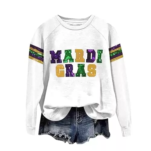 Womens Mardi Gras Shirts Fat Tuesday Sweatshirt New Orleans Carnival Party Print Shirt Casual Long Sleeve Club Tops