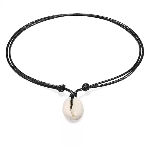 Premium Black Leather Cord Choker Necklace Double Knotted Adjustable Natural Cowrie Shell Necklace for Women Men