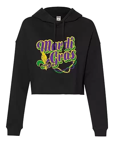 Go All Out Womens Retro Distressed Mardi Gras Fleur De Lis & Beads Cropped Hooded Sweatshirt