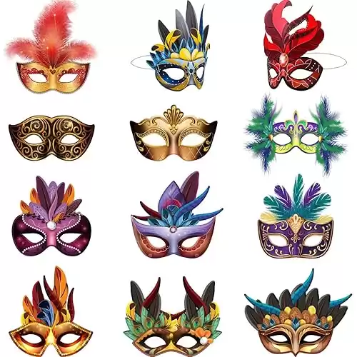 Blulu 24 Pieces Halloween Mardi Gras Masks Carnival Parade Faux Feather Face Masks Masquerade Party New Orleans Masks Fantasy for Halloween Costume Party Favors