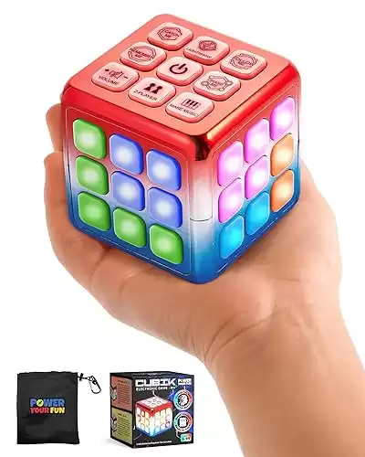 Power Your Fun Cubik LED Flashing Cube Memory Game - Electronic Handheld Game STEM Toy, 5 Brain Memory Games for Kids Brain Game Sensory Toys Cube Puzzle Fidget Toy Light Up Cube (Metallic Red/Blue)