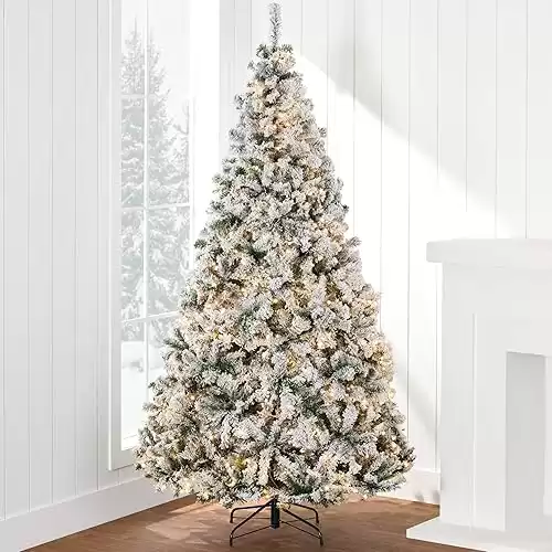 Best Choice Products Pre-Lit Artificial Christmas Tree, 6ft Snow Flocked Design Pine Tree, Full Appearance Snowy w/Easy Assembly, Metal Stand