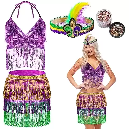 Suhine 4 Pcs Mardi Gras Costume Accessory Set for Women Sequin Tassel Skirt Mardi Gras Headband Girl New Year Carnival Outfit