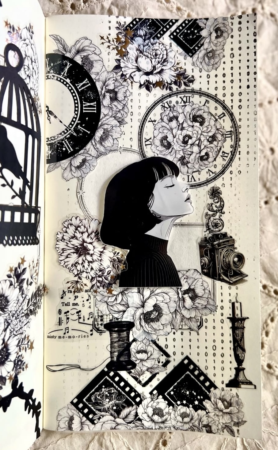 Minimalist black and white journaling page example using layered cardstock, handwritten accents, and clean design inspiration from Slowestuff’s color-themed scrapbook series.