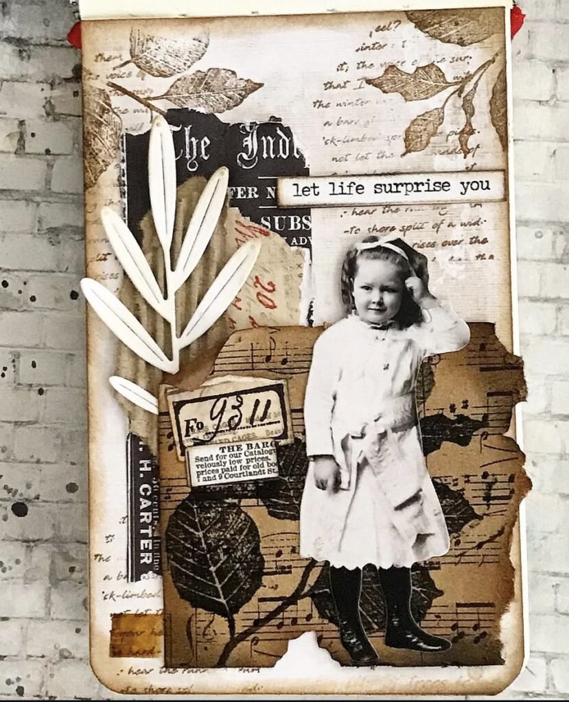 Neutral junk journal layout with vintage papers, lace, and handwritten journaling, soft beige and white tones. slowestuff.com