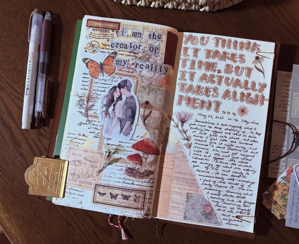 An example of a mixed media journal page with bold orange color, paint splatters, and layered ephemera. Credit: pen.and.soul.creates on Instagram.