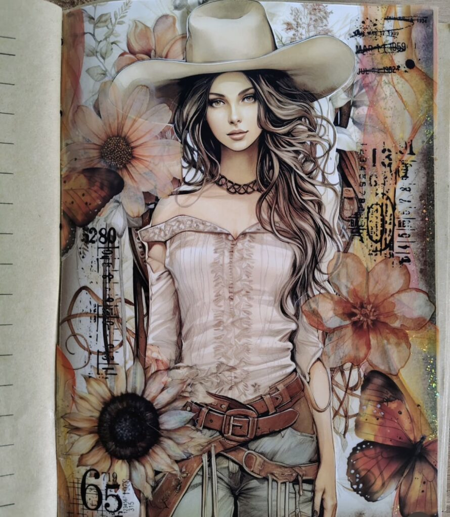 Neutral junk journal page with girl in cowboy hat with neutrals like beige textures, stamped labels, and vintage washi tape for calm and cozy vibes. slowestuff.com