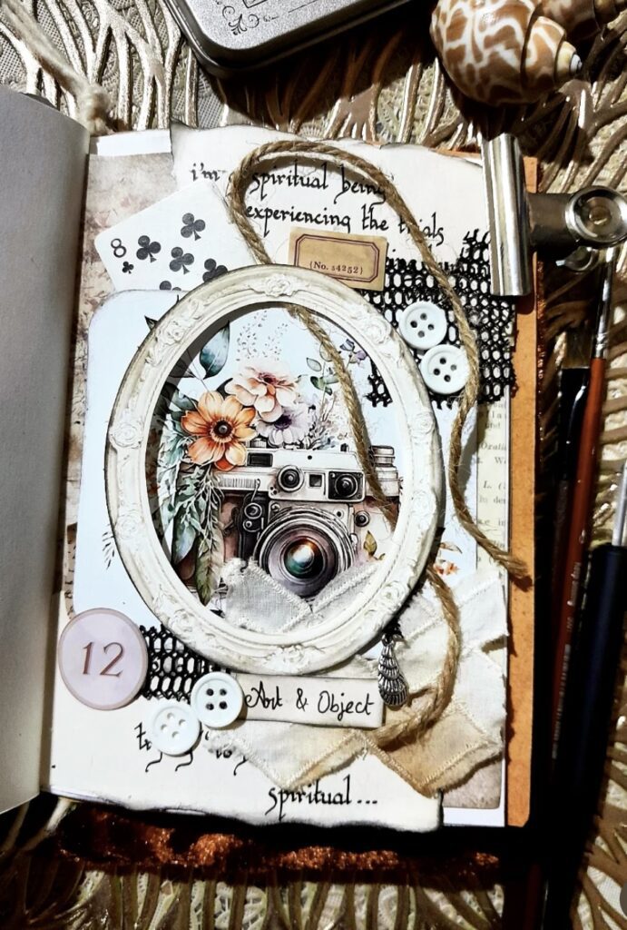 Neutral scrapbook inspiration page featuring layered cream and brown papers with textured edges and journaling. slowestuff.com