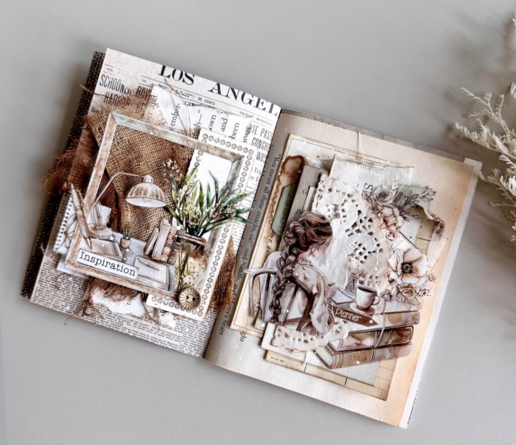 Scrapbook page idea in neutral colors with collage elements, vintage tags, and subtle layering. slowestuff.com