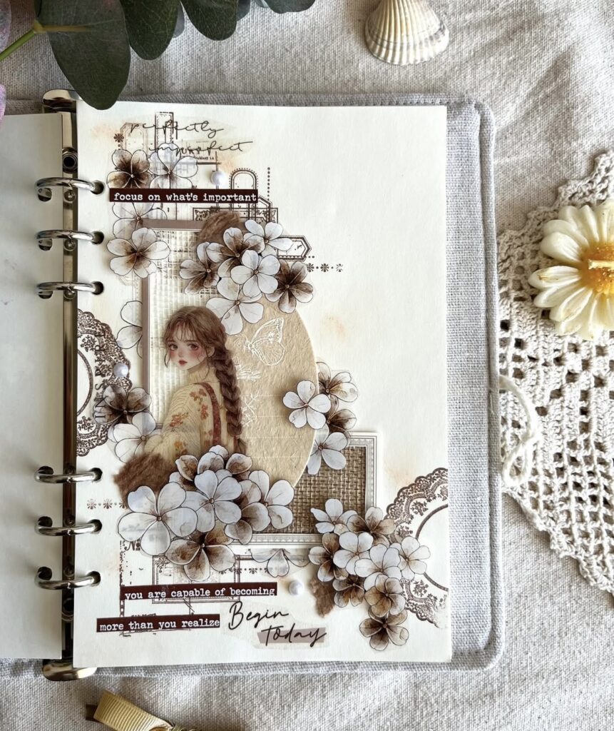 Inspiring neutral scrapbook page with textured backgrounds and gentle, minimalist design. slowestuff.com