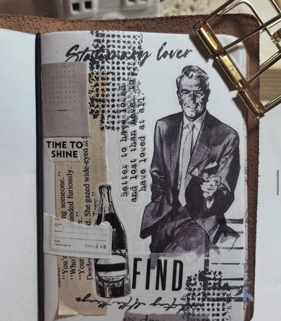 Neutral color junk journal idea with a retro sticker of a man, ticket stubs, handwriting, and warm beige layering. slowestuff.com