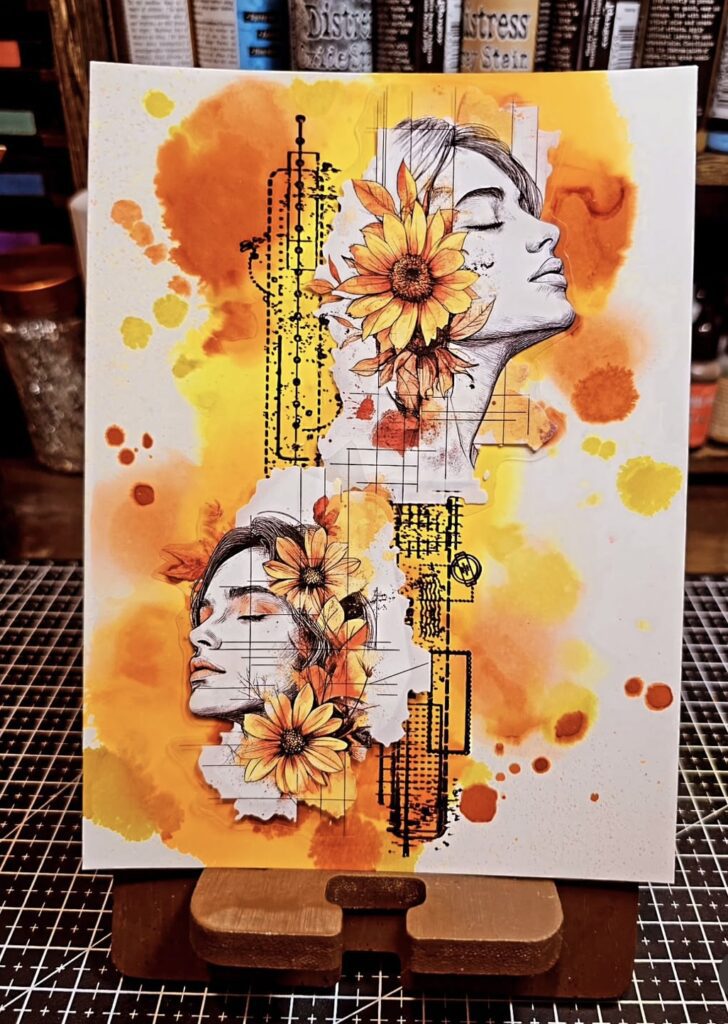 Orange junk journaling pages with mixed media textures, bright colors, and doodles as an example or inspiration. Credit: cherry_moon_nim on Instagram.