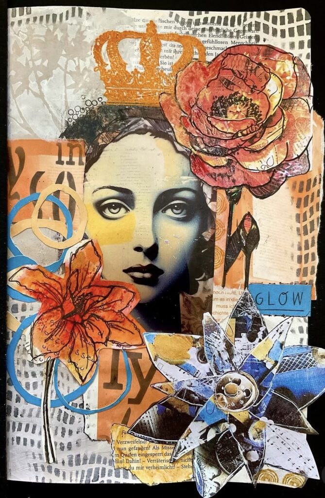 Mixed media orange journal page with paint, magazine cutouts, and layered backgrounds. Credit: eveline_mixedart on Instagram.
